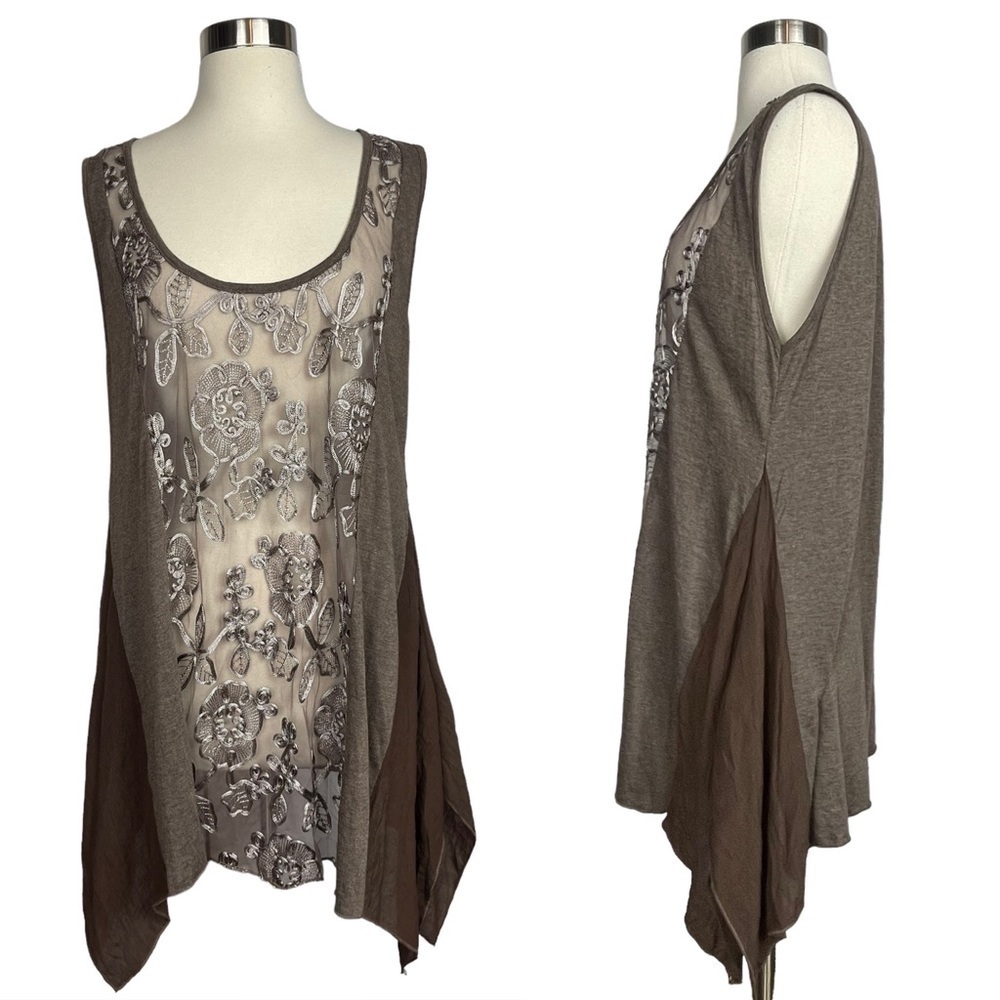 Vintage 90’s Brown Embroidered Lace Sleeveless Tunic Blouse With High-low Hem XL